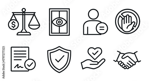 Black simple legal icons set with scales, eye, person, hand, document, shield, heart, handshake