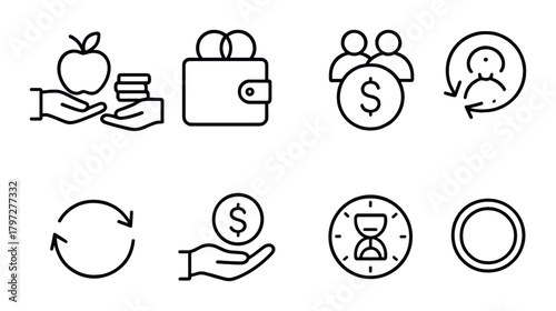 Financial icons including savings, wallet, group money, and time management symbols