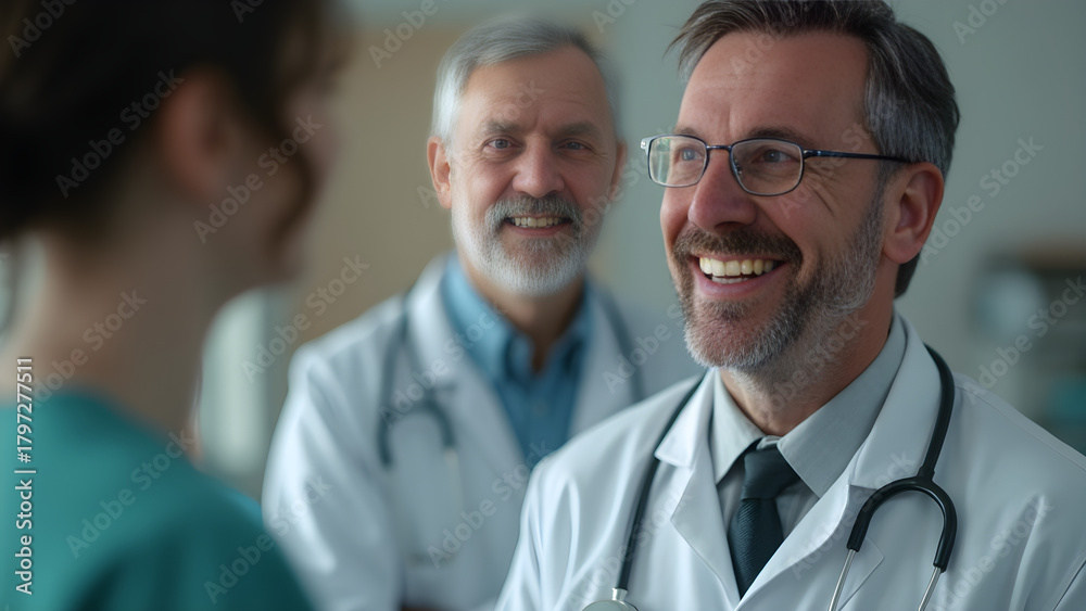 Fototapeta premium Doctor team jokes. Medical humor among doctors. Laughter in healthcare. Funny doctor stories.