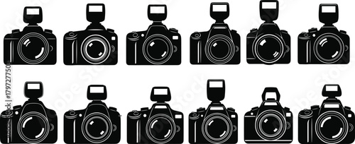 Camera silhouette vector set, black and white photography icons, flash and viewfinder variations, vintage device illustrations, photo equipment design elements