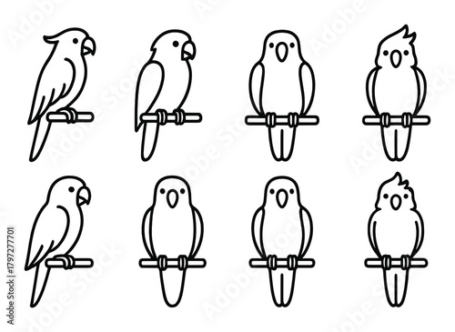 Set of eight minimalist parrot line art icons on brown background