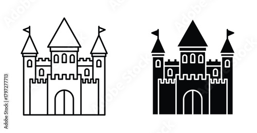 Castle icon. Line with editable stroke and flat for Web