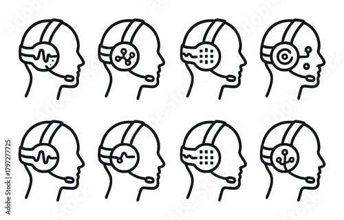 Abstract human profiles with headphones and technology icons on dark background