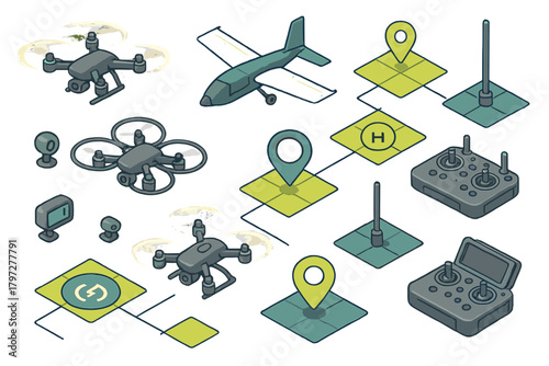 Isometric unmanned aerial vehicles, remote controllers, and location markers for mapping and delivery technology