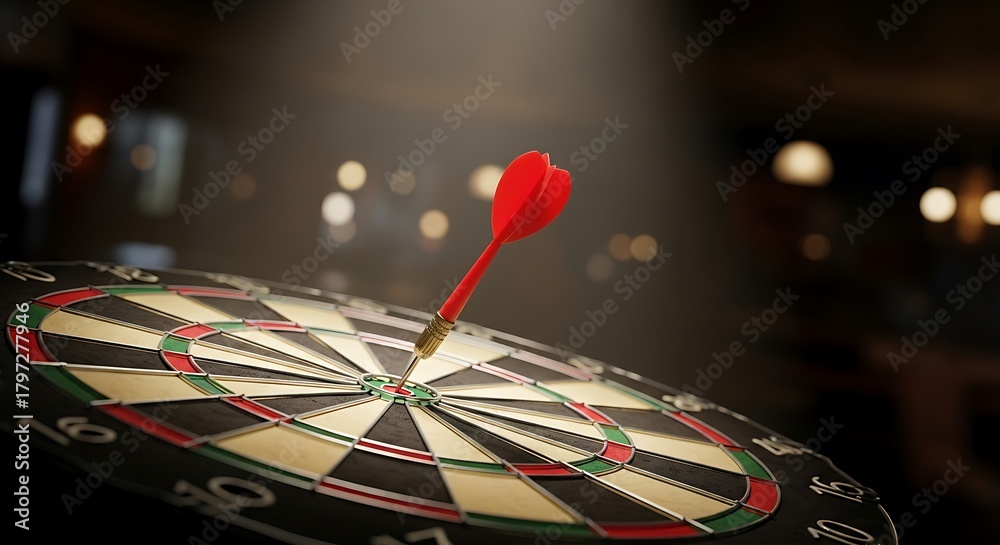 Fototapeta premium Bullseye: Dart Hits the Center of a Target Board