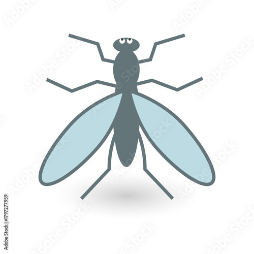 Cartoon mosquito illustration with outstretched wings, long legs, and simple facial features