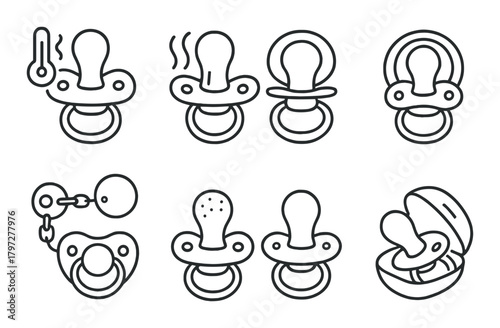 Set of six minimalist pacifier icons with temperature and storage variants