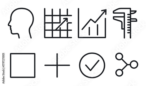 Minimalist black icons: graphs, tools, and symbols on dark background