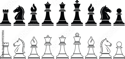 Quadro su tela Chess piece silhouette vector set, black and white icons, strategy game designs,