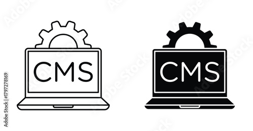 CMS icon set. CMS vector symbol in black filled and outlined style.