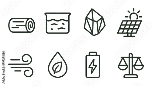Icons representing renewable energy sources and environmental elements