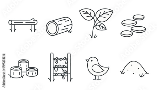 Monochrome farm icons: logs, plants, coins, bales, trellis, bird, mound