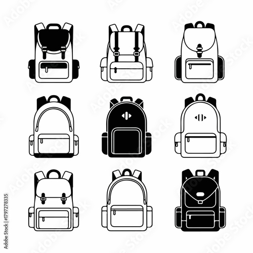 Vector icon set of nine black and white backpacks, including styles for school, travel, hiking, and everyday use.