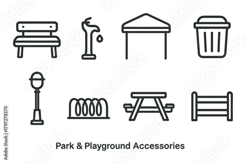 Park and playground accessories: benches, fountains, shelters, and more