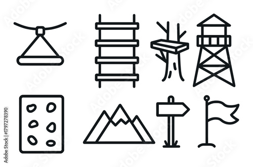 Adventure park icons: zip line, rope bridge, platform, watchtower, climbing wall, mountains, signs, flag
