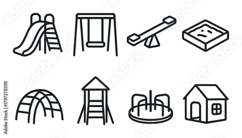 Playground icons: slide, swing, seesaw, sandbox, climbing frame, tower, merry-go-round, playhouse