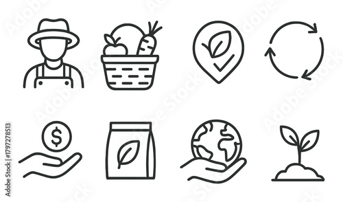 Sustainable farming icons set featuring eco-friendly agriculture and organic produce symbols
