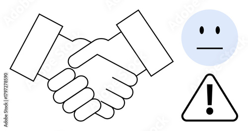 Handshake symbolizing agreement, paired with neutral face and warning sign, emphasizing balance and caution in commitments. Ideal for business, teamwork, negotiation, conflict resolution