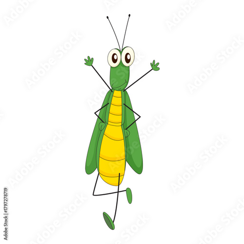 Cheerful grasshopper illustration A vibrant, cartoon-style insect isolated on a clean white background