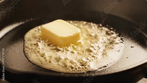 Hand placing pat of yellow fat into hot dark cooking surface