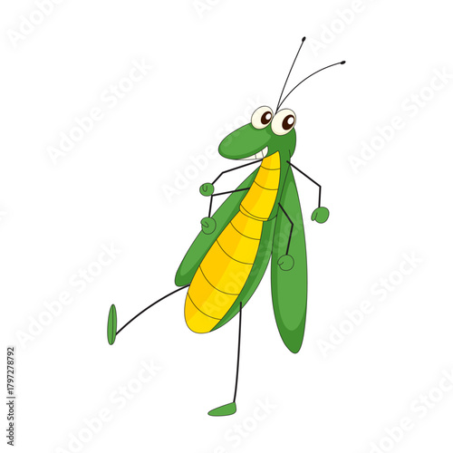 Playful green grasshopper illustration cheerful insect with antennae, legs, and a smiling expression