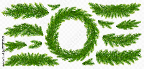 Christmas wreath of fir tree and spruce branches. Fir twigs with green needles. Realistic Christmas tree branches border isolated on transparent background for greeting New Year and Xmas cards. Vector