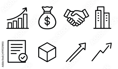Business growth icons: finance, partnership, expansion, and progress