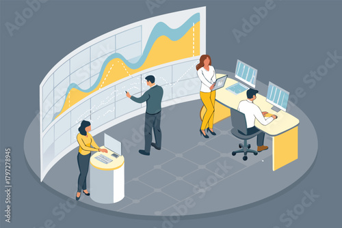 Professional office staff collaborating around a dynamic, futuristic curved holographic display, showcasing data visualization.