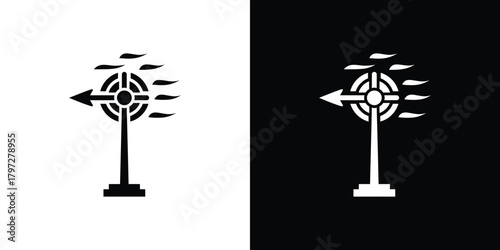 Black weather vane symbol with arrow indicating wind direction on transparent background