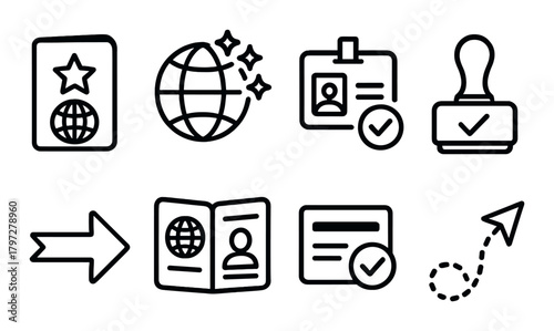 Passport and travel icons: globe, id badge, stamp, arrow, document, paper plane