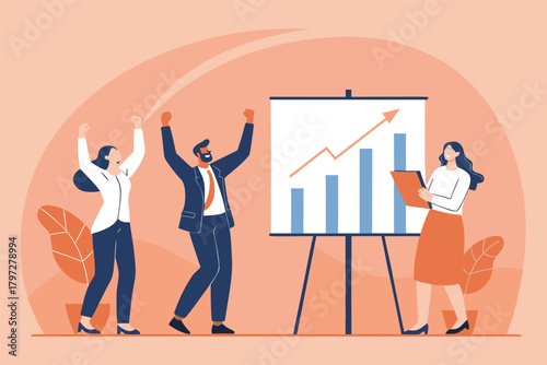 Office professionals celebrating success near a dynamic graph board, showcasing teamwork and achievement in a modern workspace.