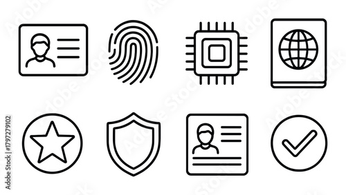 Set of identification and security icons – fingerprint, chip, id card, passport, shield