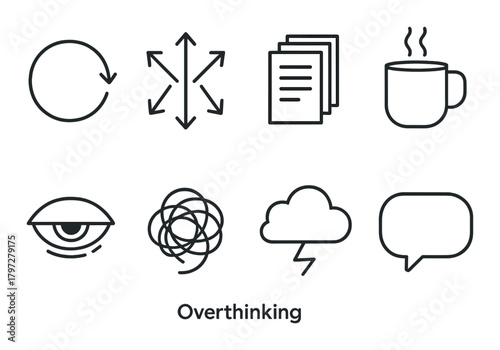 Symbols of overthinking: cycle, diversity, documents, coffee, eye, chaos, cloud, speech