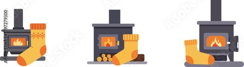 Cozy fireplace with yellow socks warming by the fire  