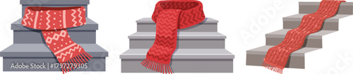Red knitted scarf draped over grey steps in a winter setting  