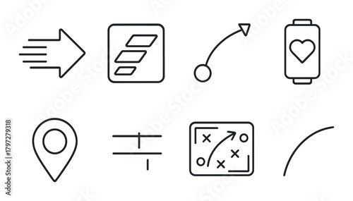 Monochrome icon set featuring navigation, strategy, and battery symbols