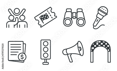 Entertainment icons: microphone, ticket, binoculars, more in dark background