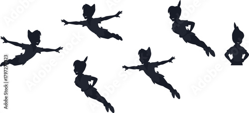 Flying character silhouette vector set, black and white Peter Pan icons, dynamic poses, magical boy illustration, fantasy design elements