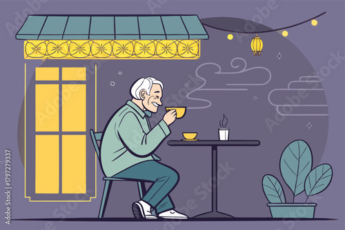 A solitary, aged man finds solace, savoring steaming tea amidst the vibrant, electric glow of a bustling midnight market.