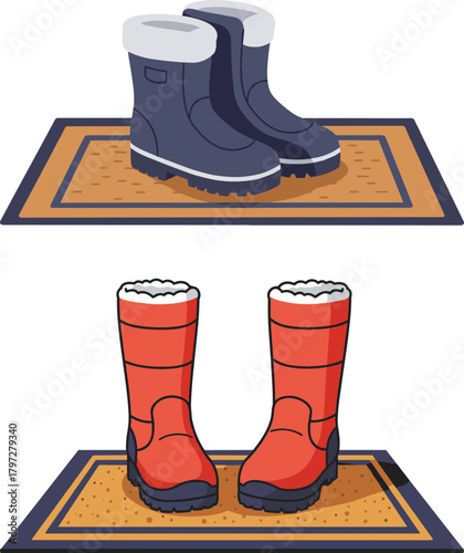 Winter boots placed on doormat with a sandy texture  
