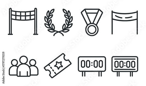 Sports icons collection: medals, laurel, ticket, stopwatch, barrier, team silhouettes