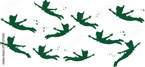 Flying fairy silhouette vector set, magical character icons, black and white poses, sparkling trail illustrations, fantasy design elements, whimsical artwork