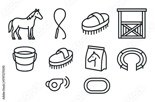 Equestrian icons set: horse, brush, stable, bucket, whistle, horseshoe