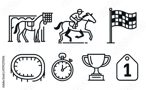 Horse racing icons featuring jockey, track, trophy, stopwatch, finish line