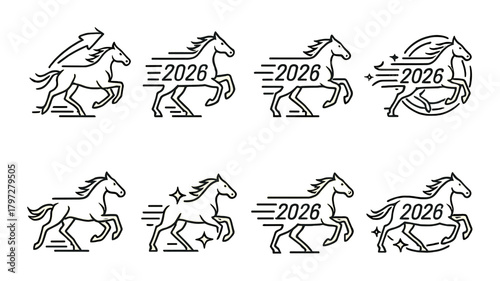 Stylized horse designs with dynamic 2026 elements on gold background