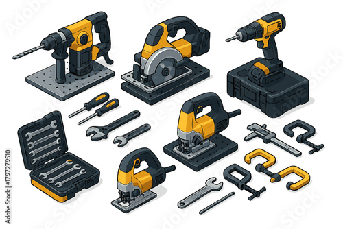 Essential power tools and hand tools assortment for construction and home renovation