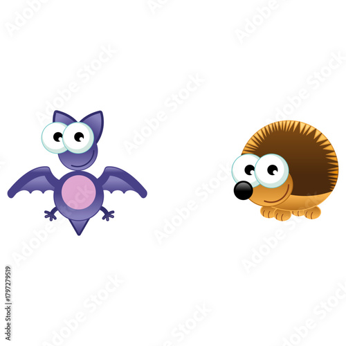 Cute cartoon bat and hedgehog characters isolated on white background
