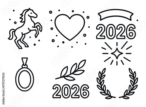 Minimalist icons: horse, heart, 2026, star, medal, leaf, laurel wreath