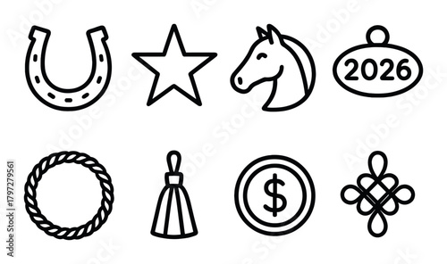 Set of equestrian and ornament icons on dark background