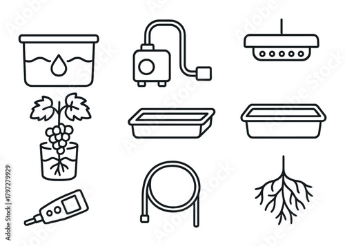 Hydroponic system icons: reservoir, pump, irrigation, and plant growth simplified